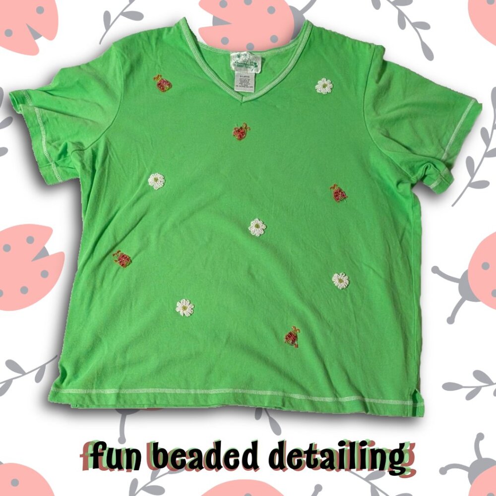 Quacker Factory Women's X-Large Green Ladybug Daisy Beaded V-Neck Cotton T-Shirt